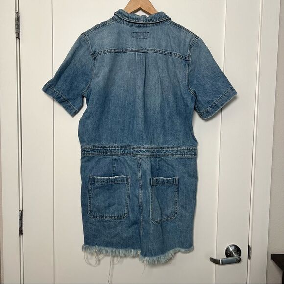 Lucky Brand Womens Jean Dress Large Drawstring Button Up Fray Hem Short Sleeve - Picture 8 of 13